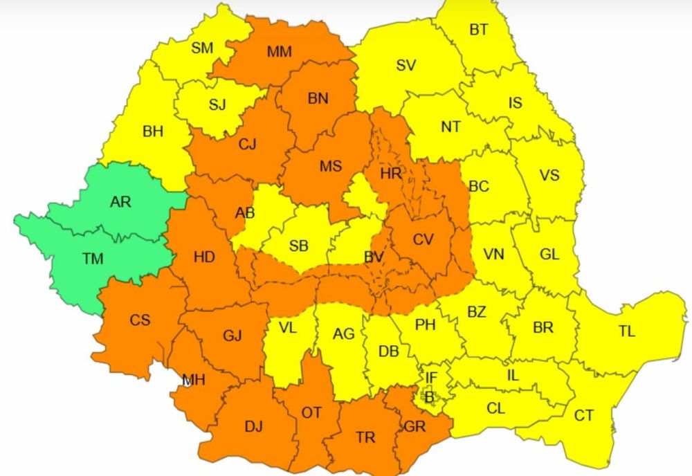 COD PORTOCALIU DE AVERSE ȘI VIJELII EMIS DE ANM ÎN 12 JUDEȚE